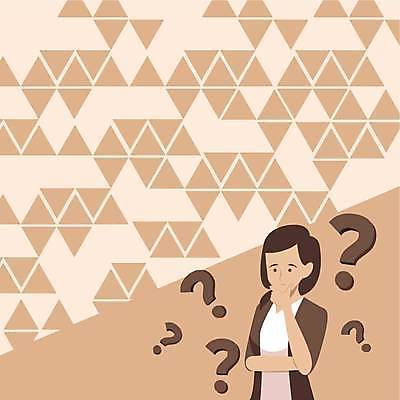 EPS 해외이미지 여자 백그라운드 일러스트 비즈니스 아이디어 한명 상반신 성인 턱괴기 물음표 삼각형 베이지색 성인여자한명만 카피스페이스 해외일러스트 도형 1 기호 컬러 컨셉 모션 사람 공백 여자한명만 성인여자만 파일형식 벡터 이미지허브