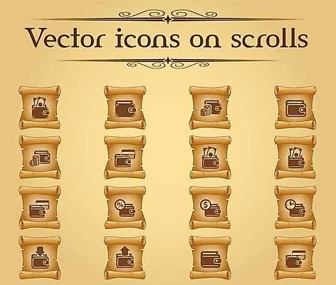 EPS 해외이미지 화살표 지폐 일러스트 사람없음 세트 갈색 동전 빈티지 신용카드 지갑 두루마리 심볼 스크롤 양피지 해외일러스트 컬러 컨셉 돈 금융 파일형식 벡터 이미지허브