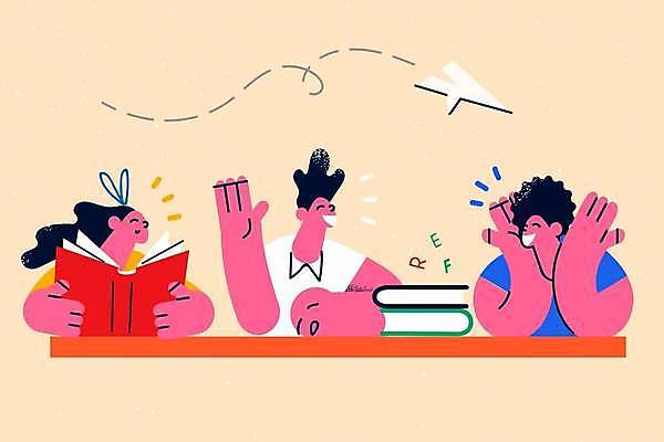 EPS 학생 여자 교육 남자 어린이 일러스트 소년 상반신 성인 책 세명 학습 스터디 손들기 교사 종이비행기 국내일러스트 직업 모션 사람 종이접기 파일형식 벡터 이미지허브