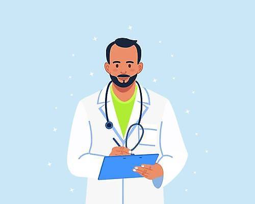 EPS 해외이미지 남자 일러스트 청진기 한명 들기 상반신 성인 반짝임 의사 기록 의사가운 성인남자한명만 해외일러스트 1 의료기기 모션 사람 의료진 가운 남자한명만 성인남자만 파일형식 벡터 이미지허브