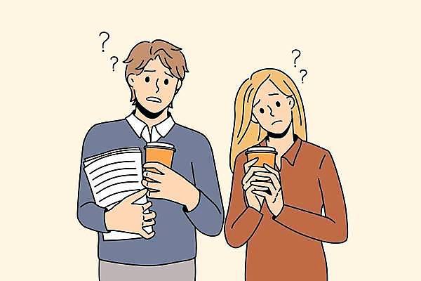 EPS 해외이미지 여자 남자 일러스트 비즈니스 들기 상반신 성인 두명 물음표 비즈니스맨 비즈니스우먼 커피잔 파일 성인만 해외일러스트 기호 커피 모션 잔 사람 직장인 파일형식 벡터 이미지허브