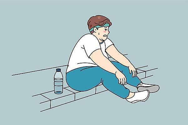 EPS 해외이미지 전신 남자 컨셉 다이어트 일러스트 휴식 건강 피곤 한명 앉기 성인 야외 운동 물병 비만 연습 땀 노력 힘듦 성인남자한명만 땀흘리기 해외일러스트 1 모션 사람 물통 몸매 남자한명만 성인남자만 파일형식 벡터 이미지허브