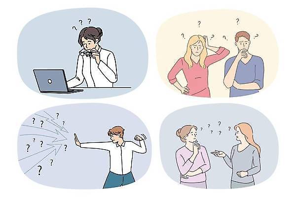 EPS 해외이미지 여자 남자 안경 일러스트 비즈니스 여러명 상반신 성인 노트북 턱괴기 물음표 잡기 비즈니스맨 비즈니스우먼 손내밀기 고민 손뻗기 성인만 해외일러스트 기호 잡화 감정 다수 모션 사람 손짓 전자제품 직장인 파일형식 벡터 이미지허브