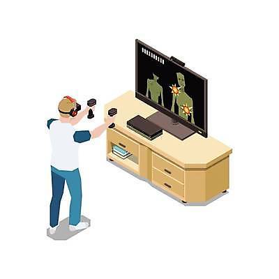 EPS 해외이미지 전신 남자 일러스트 한명 서기 들기 성인 텔레비전 게임 공격 게임기 아이소메트릭 총쏘기 좀비 가상현실 성인남자한명만 VR기기 거실장 해외일러스트 1 가구 모션 놀이 사람 전자제품 기계 남자한명만 성인남자만 파일형식 벡터 이미지허브