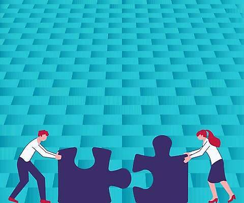 EPS 해외이미지 전신 여자 남자 백그라운드 일러스트 비즈니스 아이디어 성인 두명 파란색 퍼즐 밀기 성인만 카피스페이스 해외일러스트 컬러 컨셉 모션 사람 공백 파일형식 벡터 이미지허브