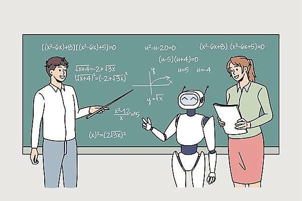 EPS 해외이미지 여자 교육 남자 일러스트 들기 상반신 성인 두명 칠판 가리킴 가르침 로봇 성인만 해외일러스트 모션 사람 손짓 파일형식 벡터 이미지허브