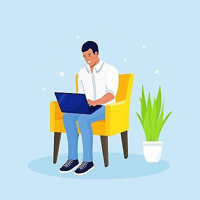 EPS 해외이미지 전신 남자 화분 하늘색 일러스트 휴식 한명 미소 앉기 성인 노트북 반짝임 소파 타이핑 비즈니스맨 성인남자한명만 해외일러스트 1 컨셉 의자 비즈니스 모션 표정 사람 파란색 전자제품 직장인 남자한명만 성인남자만 파일형식 벡터 이미지허브