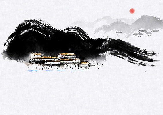 PSD 고건축 일러스트 캘리그라피 붓터치 산 주택 풍경 사람없음 태양 달 언덕 번짐 수상가옥 국내일러스트 자연요소 건축물 건물 파일형식 효과