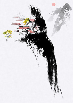 PSD 고건축 일러스트 캘리그라피 붓터치 산 주택 풍경 사람없음 태양 달 언덕 번짐 국내일러스트 자연요소 건축물 건물 파일형식 효과