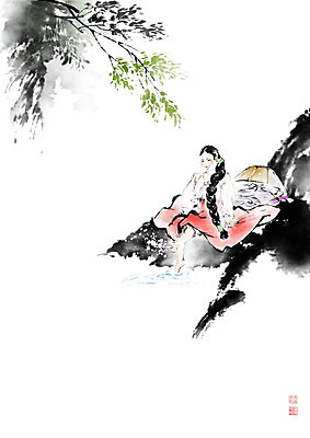 PSD 나무 모자 여자 일러스트 캘리그라피 물장구 휴식 한명 사람 풍경 성인 물 계곡 산책 바위 한복 번짐 사색 낙관 기생 성인여자한명만 국내일러스트 자연요소 식물 직업 1 한국전통 잡화 컨셉 생각 물놀이 돌_바위 전통의상 여자한명만 성인여자만 파일형식 효과