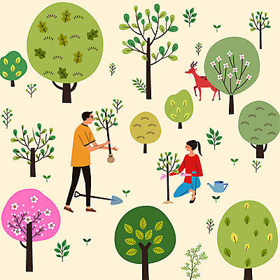나무 동물 여자 남자 일러스트 자연 사슴 사람 성인 두명 초록색 새싹 환경 물뿌리개 삽 식목일 나무심기 묘목 성인만 국내일러스트 AI파일 식물 기념일 컬러 포유류 생태계 심기 파일형식 벡터