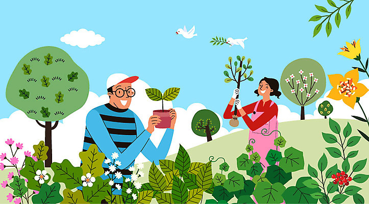 나무 구름 여자 남자 꽃 일러스트 자연 조류 들기 사람 성인 두명 초록색 새싹 환경 식목일 나무심기 묘목 성인만 국내일러스트 AI파일 자연요소 식물 동물 기념일 컬러 모션 생태계 심기 파일형식 벡터