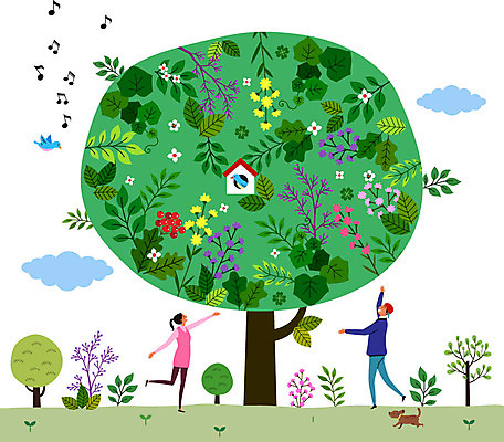 나무 동물 구름 여자 남자 꽃 음표 일러스트 자연 조류 사람 성인 두명 초록색 새싹 환경 강아지 둥지 식목일 즐거움 반려 성인만 국내일러스트 AI파일 자연요소 식물 기호 기념일 감정 음악 컬러 반려동물 개 생태계 파일형식 벡터