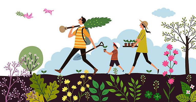 나무 동물 구름 여자 남자 꽃 어린이 일러스트 가족 자연 조류 들기 사람 성인 세명 새싹 환경 식목일 나무심기 묘목 행진 국내일러스트 AI파일 자연요소 식물 기념일 관계 모션 생태계 심기 파일형식 벡터