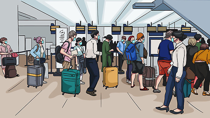 전신 여자 남자 일러스트 마스크 여러명 캐리어 기다림 바이러스 질병 공항 사회이슈 감염 승객 전염병 키오스크 체크인카운터 델타변이바이러스 국내일러스트 AI파일 다수 컨셉 의학 교통시설 모션 사람 여행가방 체크인 파일형식 벡터