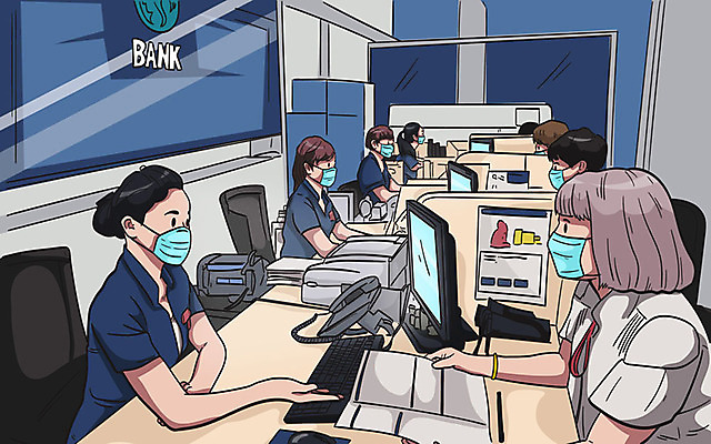 여자 남자 의자 일러스트 마스크 여러명 상반신 모니터 업무 바이러스 질병 사회이슈 고객 책상 직원 은행 감염 은행업무 은행원 전염병 델타변이바이러스 국내일러스트 AI파일 직업 가구 다수 컨셉 의학 사람 금융 컴퓨터 작업 은행_금융 파일형식 벡터