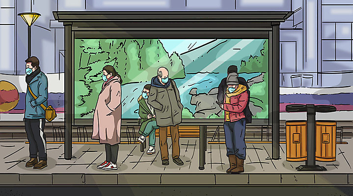 전신 여자 노년 남자 가로등 가방 일러스트 마스크 여러명 성인 쓰레기통 기다림 바이러스 버스정류장 질병 사회이슈 감염 전염병 델타변이바이러스 국내일러스트 AI파일 잡화 공공시설 다수 컨셉 의학 모션 사람 역 파일형식 벡터