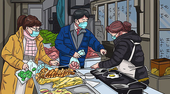 여자 남자 음식 일러스트 마스크 세명 판매 시장 바이러스 질병 상인 사회이슈 감염 전염병 델타변이바이러스 국내일러스트 AI파일 컨셉 의학 사람 파일형식 벡터