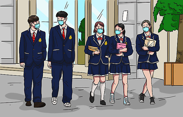 전신 여학생 여자 남자 교복 남학생 일러스트 청소년 마스크 여러명 바이러스 질병 사회이슈 등하교 감염 전염병 십대만 델타변이바이러스 국내일러스트 AI파일 학생 옷 다수 컨셉 의학 사람 파일형식 벡터