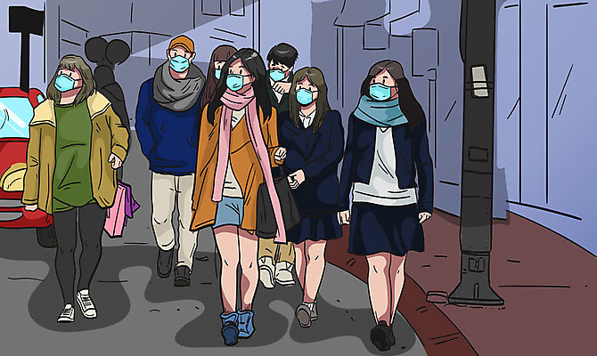 전신 여자 남자 가로등 일러스트 자동차 거리 마스크 여러명 성인 걷기 바이러스 질병 사회이슈 감염 전염병 델타변이바이러스 국내일러스트 AI파일 공공시설 육상교통 다수 컨셉 의학 모션 사람 파일형식 벡터