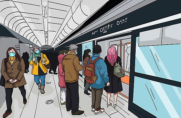 전신 여자 노년 남자 가방 일러스트 마스크 여러명 성인 바이러스 전철 질병 플랫폼 사회이슈 감염 전철역 전염병 델타변이바이러스 국내일러스트 AI파일 잡화 육상교통 다수 컨셉 의학 교통시설 대중교통 사람 역 파일형식 벡터