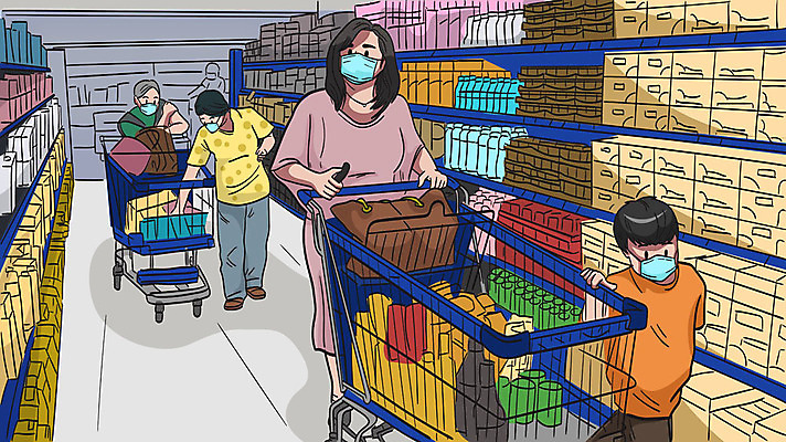 전신 여자 노년 남자 어린이 일러스트 마스크 여러명 성인 쇼핑 장보기 쇼핑카 바이러스 질병 사회이슈 감염 마트 전염병 필수품 델타변이바이러스 국내일러스트 AI파일 다수 컨셉 의학 사람 상점 카트 상품 파일형식 벡터