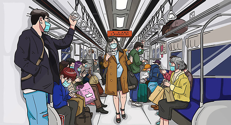 전신 여자 노년 남자 일러스트 손잡이 마스크 여러명 성인 바이러스 전철 질병 사회이슈 감염 전염병 델타변이바이러스 국내일러스트 AI파일 육상교통 다수 컨셉 의학 대중교통 사람 파일형식 벡터