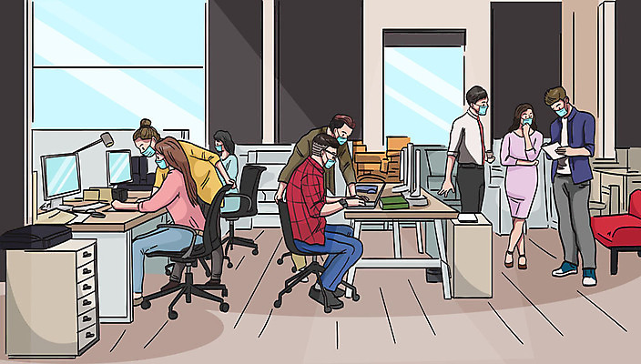 전신 무료이미지 여자 남자 일러스트 마스크 여러명 성인 컴퓨터 비즈니스맨 비즈니스우먼 바이러스 질병 사회이슈 책상 동료 감염 전염병 성인만 델타변이바이러스 국내일러스트 AI파일 가구 다수 컨셉 비즈니스 의학 관계 사람 전자제품 직장인 파일형식 벡터