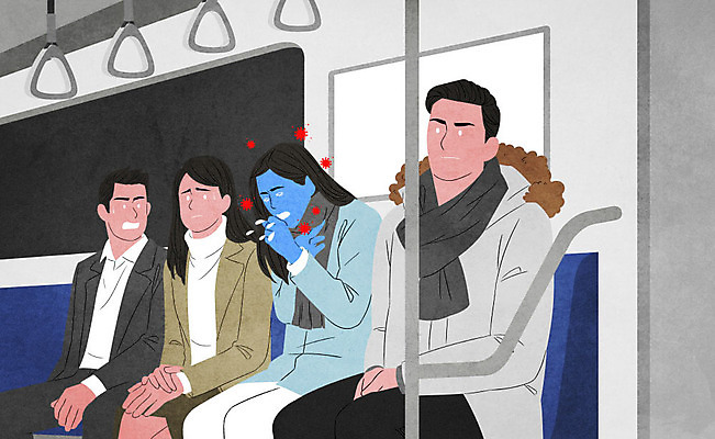 PSD 여자 남자 일러스트 사람 앉기 여러명 상반신 성인 바이러스 전철 불안 사회이슈 감염 전염 당황 기침 전염병 성인만 불편함 코로나바이러스 델타변이바이러스 국내일러스트 감정 육상교통 다수 컨셉 모션 대중교통 감각 질병 파일형식