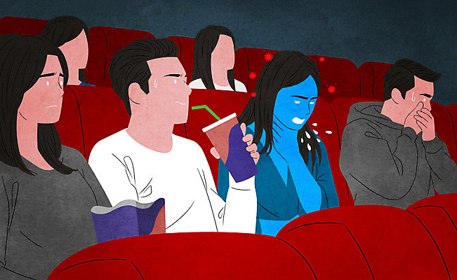 PSD 여자 남자 일러스트 사람 앉기 여러명 상반신 성인 바이러스 영화관 극장 불안 사회이슈 감염 전염 입가림 기침 전염병 코로나바이러스 델타변이바이러스 국내일러스트 감정 다수 컨셉 모션 가림 질병 파일형식