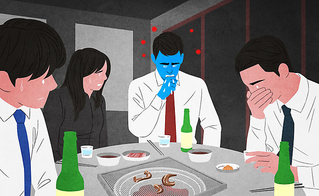 PSD 여자 남자 일러스트 사람 앉기 여러명 상반신 성인 바이러스 사회이슈 감염 전염 입가림 술자리 기침 전염병 회식 불편함 코로나바이러스 델타변이바이러스 고깃집 국내일러스트 다수 컨셉 모션 식당 식사 가림 감각 질병 파일형식