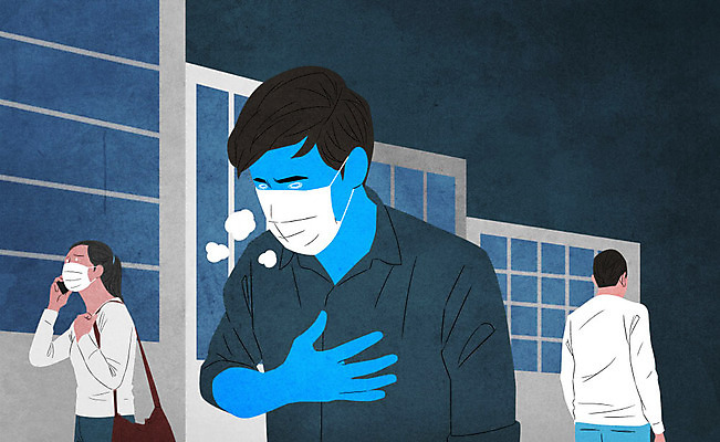 PSD 여자 남자 일러스트 마스크 서기 사람 상반신 성인 건물 세명 바이러스 사회이슈 감염 전염 전염병 호흡곤란 성인만 코로나바이러스 델타변이바이러스 국내일러스트 건축물 컨셉 모션 질병 증상 파일형식