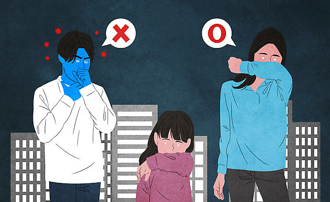 PSD 무료이미지 여자 남자 어린이 일러스트 서기 사람 소녀 상반신 성인 건물 세명 예절 바이러스 사회이슈 감염 전염 소매 기침 방법 전염병 델타변이바이러스 국내일러스트 건축물 컨셉 모션 질병 파일형식