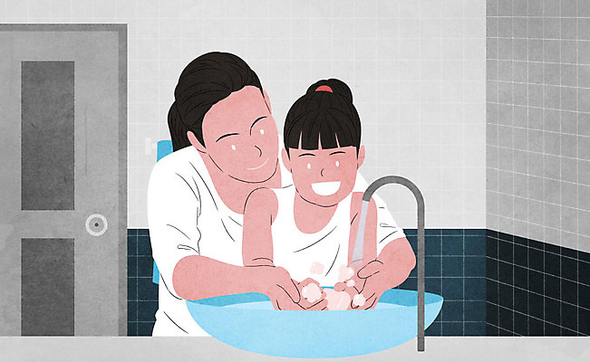 PSD 무료이미지 여자 딸 어린이 일러스트 모녀 엄마 사람 상반신 성인 두명 바이러스 사회이슈 세면대 화장실 감염 전염 손씻기 전염병 코로나바이러스 델타변이바이러스 국내일러스트 컨셉 가족 씻기 질병 파일형식