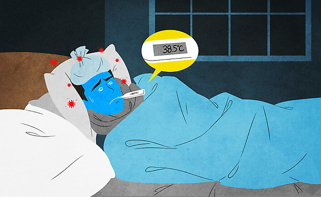 PSD 남자 일러스트 창문 한명 사람 상반신 성인 눕기 이불 침대 바이러스 온도계 체온계 사회이슈 감염 전염 고열 발열 전염병 성인남자한명만 델타변이바이러스 국내일러스트 1 가구 컨셉 침구 모션 질병 온도 남자한명만 성인남자만 파일형식