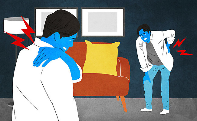 전신 PSD 남자 일러스트 사람 상반신 성인 두명 소파 바이러스 사회이슈 감염 전염 근육통 몸살 전염병 증상 허리통증 성인남자만 코로나바이러스 델타변이바이러스 국내일러스트 컨셉 의자 고통 질병 남자만 성인만 파일형식