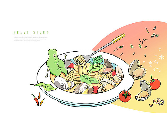 PSD 음식 분홍색 포크 채소 일러스트 재료 방울토마토 조개 파스타 서양음식 사람없음 해산물 채소캐릭터 파스타면 국내일러스트 일러캐릭터 캐릭터 식기 컬러 토마토 어패류 면류 파일형식