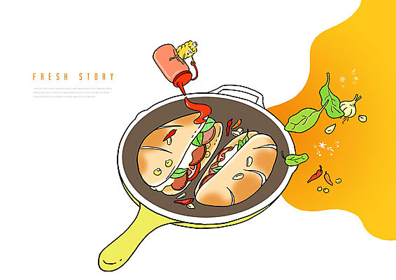 PSD 음식 채소 일러스트 재료 서양음식 샌드위치 옥수수 사람없음 주황색 프라이팬 케첩 옥수수캐릭터 국내일러스트 컬러 주방용품 곡류 소스_음식 채소캐릭터 파일형식