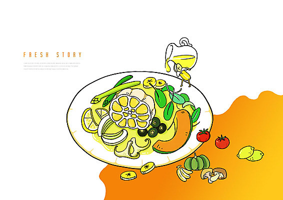PSD 접시 음식 채소 과일 일러스트 재료 바나나 서양음식 사람없음 주황색 소스 붓기 바나나캐릭터 국내일러스트 일러캐릭터 캐릭터 식기 컬러 모션 양념 파일형식