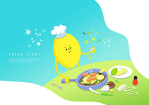 PSD 접시 음식 채소 과일 일러스트 재료 요리사모자 요리 사람없음 요리사 프라이팬 레몬 레몬캐릭터 국내일러스트 일러캐릭터 직업 캐릭터 모자_잡화 식기 주방용품 파일형식