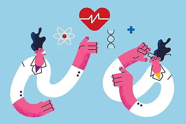 EPS 해외이미지 일러스트 건강 성인 두명 약 의사 하트 가리킴 DNA 심전도 성인만 안경낌 해외일러스트 모양 안경 의학 사람 손짓 의료진 생명공학 파일형식 벡터 이미지허브