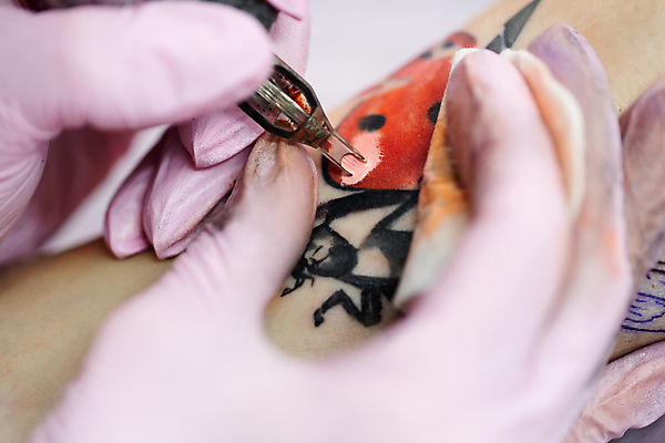 포토 JPG 해외이미지 손 디자인 장갑 잉크 미술 근접촬영 두명 색칠 그리기 문신 고객 집중 그림 예술가 팔 타투이스트 해외포토 직업 잡화 뷰포인트 컨셉 모션 문화예술 사람 신체부위 파일형식 이미지허브