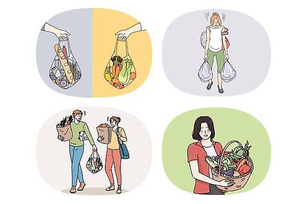 EPS 해외이미지 전신 손 여자 남자 채소 일러스트 들기 여러명 상반신 성인 신체부위 바구니 비교 상품 장바구니 무거움 성인만 해외일러스트 다수 컨셉 모션 사람 쇼핑 무게 파일형식 벡터 이미지허브