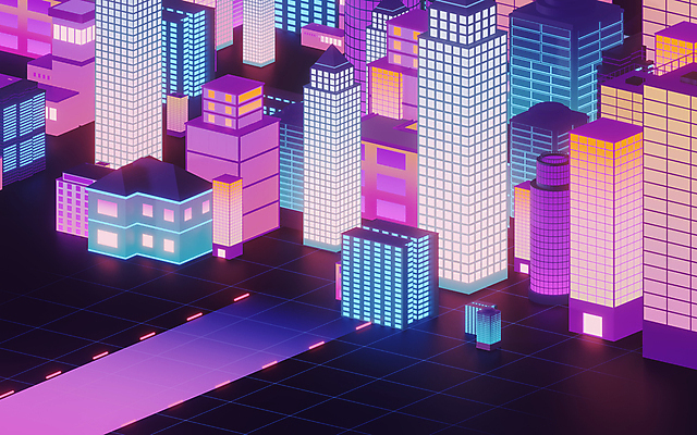 EPS 해외이미지 길 일러스트 주택 사람없음 건물 파란색 빛 3D 보라색 고층빌딩 도시 가득함 네온 그라데이션 스카이라인 해외일러스트 건축물 컬러 빌딩 디지털합성 파일형식 벡터 이미지허브