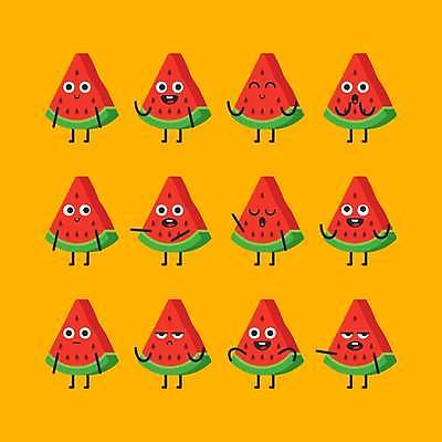 EPS 해외이미지 캐릭터 일러스트 수박 무표정 미소 손짓 사람없음 빨간색 세트 손들기 눈감음 놀람 분노 그림 해외일러스트 일러캐릭터 감정 컬러 과일 모션 표정 파일형식 벡터 이미지허브