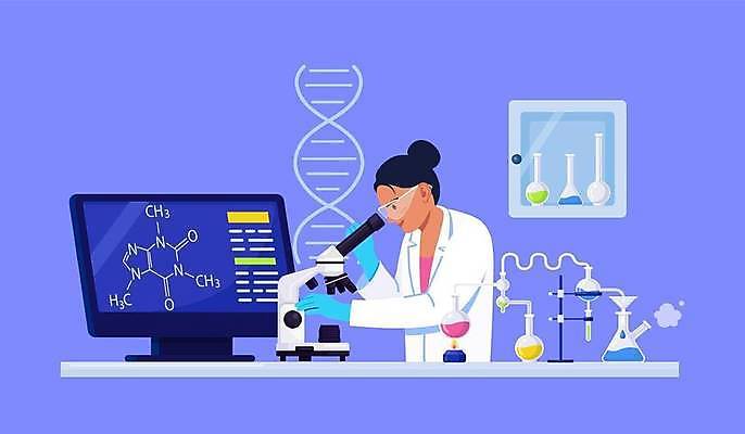EPS 해외이미지 여자 과학 일러스트 고글 현미경 실험기구 실험 한명 상반신 성인 모니터 관찰 실험복 연기 DNA 연구원 비커 공식 알코올램프 성인여자한명만 해외일러스트 직업 1 모션 사람 컴퓨터 가운 생명공학 여자한명만 성인여자만 파일형식 벡터 이미지허브