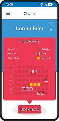 EPS 해외이미지 의자 일러스트 모바일 사람없음 스마트폰 티켓 선택 어플리케이션 온라인쇼핑 예약 UI 영화티켓 온라인몰 인터페이스 해외일러스트 가구 컨셉 핸드폰 스마트기기 쇼핑 영화 온라인 파일형식 벡터 이미지허브