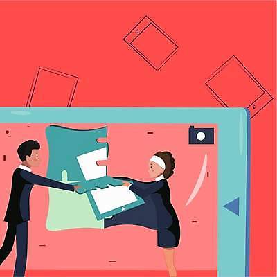 EPS 해외이미지 여자 남자 백그라운드 일러스트 비즈니스 아이디어 상반신 성인 두명 빨간색 스마트폰 카메라 주기 성인만 카피스페이스 해외일러스트 컬러 컨셉 모션 사람 전자제품 핸드폰 스마트기기 공백 파일형식 벡터 이미지허브