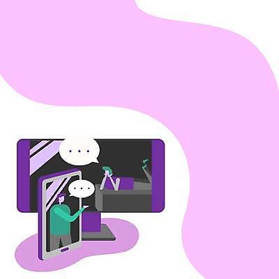 EPS 해외이미지 전신 여자 남자 엎드리기 백그라운드 말풍선 일러스트 비즈니스 아이디어 성인 두명 스마트폰 보라색 성인만 카피스페이스 해외일러스트 컬러 컨셉 모션 사람 핸드폰 스마트기기 공백 파일형식 벡터 이미지허브