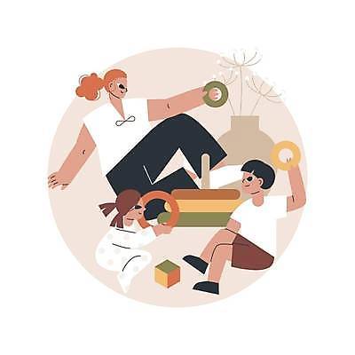 EPS 해외이미지 전신 라이프스타일 여자 남자 화분 어린이 일러스트 놀이 들기 앉기 소년 성인 세명 블록 원형 교구 해외일러스트 도형 교육 모션 사람 생활 파일형식 벡터 이미지허브